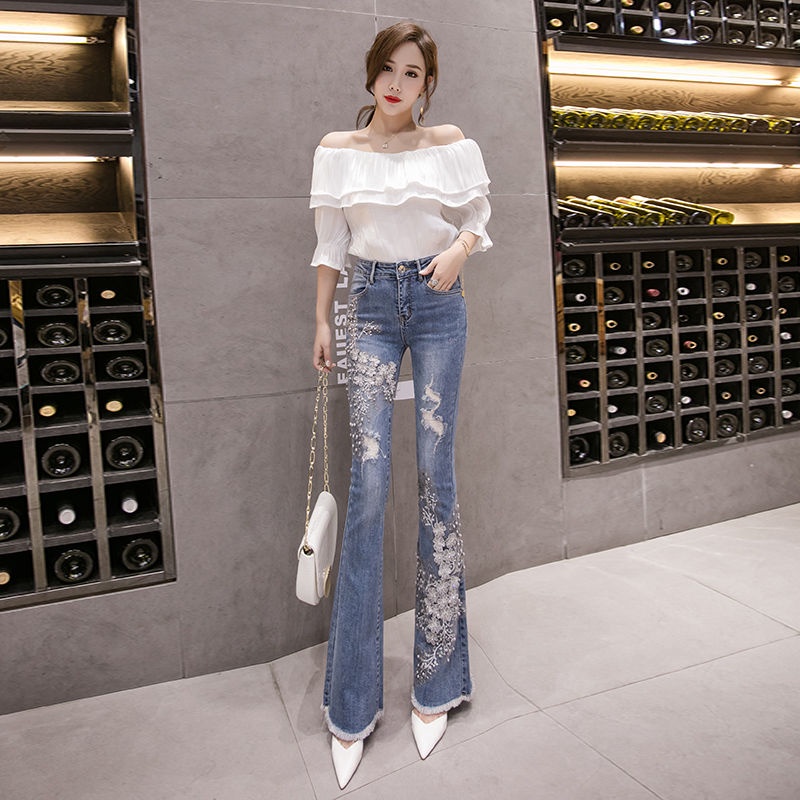 Quần Jeans Skinny Lưng Cao Ống Loe Đính Hạt Thêu Họa Tiết Thời Trang Dành Cho Nữ