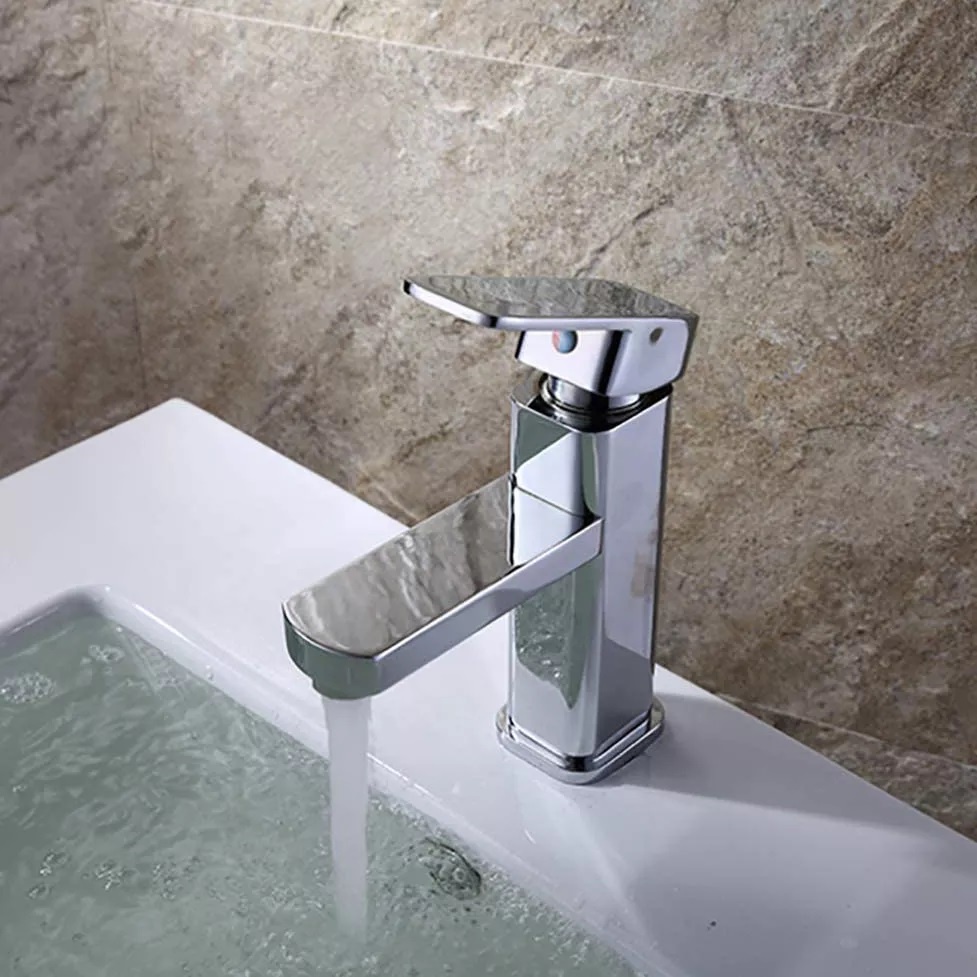 Vòi lavabo nóng lạnh trụ vuông [18cm] chất liệu inox 304 mạ Màu Bạc cao cấp với đầu vòi tạo bọt, chống giọt bắn