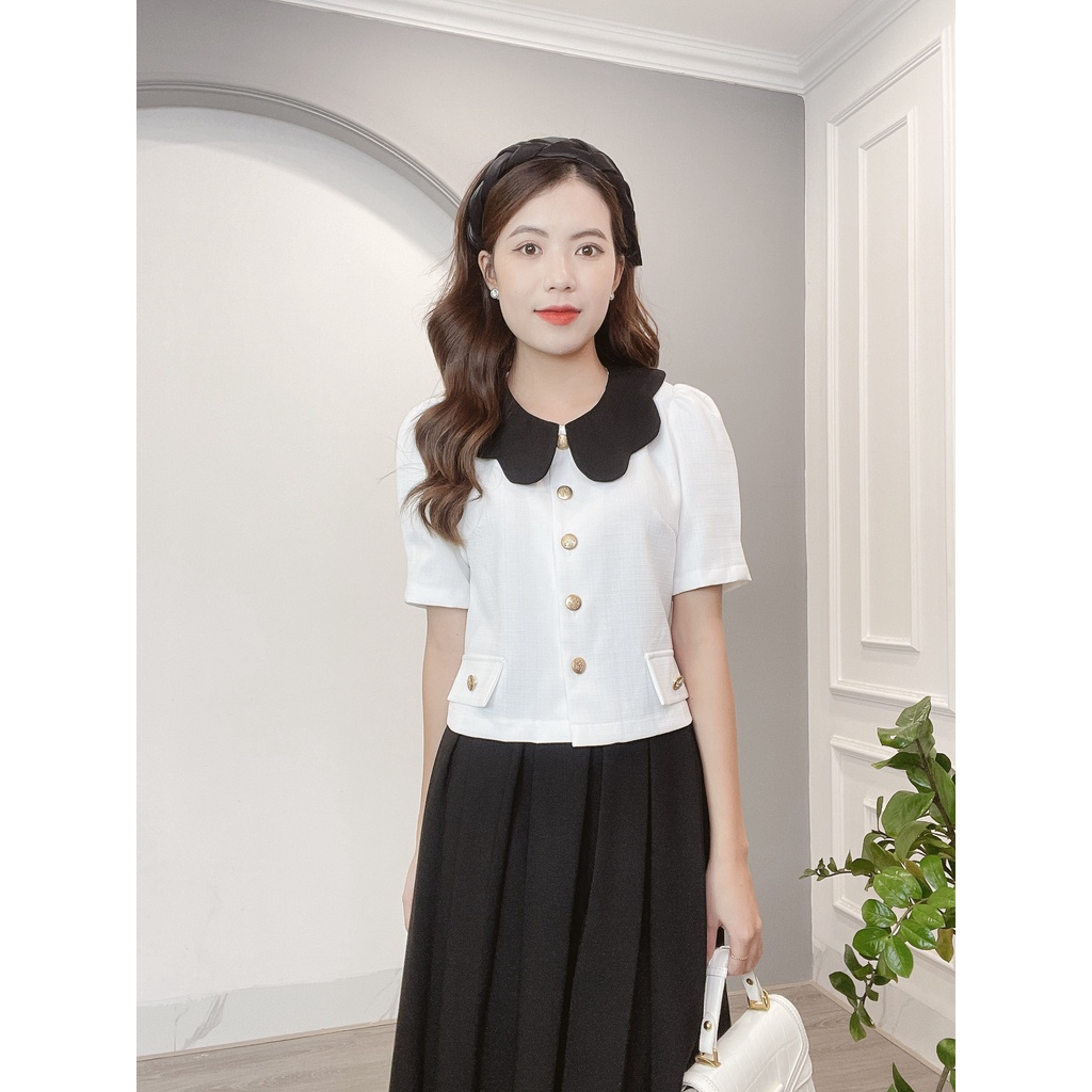 Áo Sơ Mi Cổ Phối Màu Túi Đính Cúc Min House