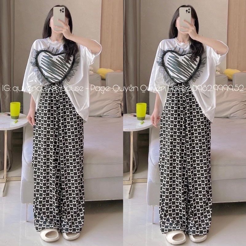 Set áo cotton trái tim phối lưới quần suông caro tim, size lớn 55kg đến 70kg