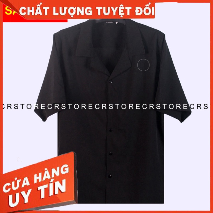 Áo sơ mi đen Cổ DANTON - VEST ngắn tay form rộng unisex nam nữ vải lụa - Hàng nhập khẩu