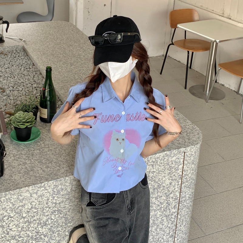 【ZHELIHANGFEI】Áo Sơ Mi Tay Ngắn Cổ POLO Lưng Cao Họa Tiết In Theo Phong Cách Preppy Dễ Phối Đồ