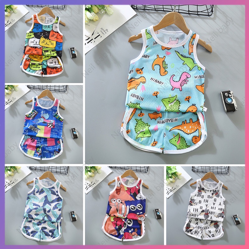 Bộ Áo Sát Nách In Hoạt Hình + Quần Short Thể Thao Thời Trang Mùa Hè Cho Bé (70-130)