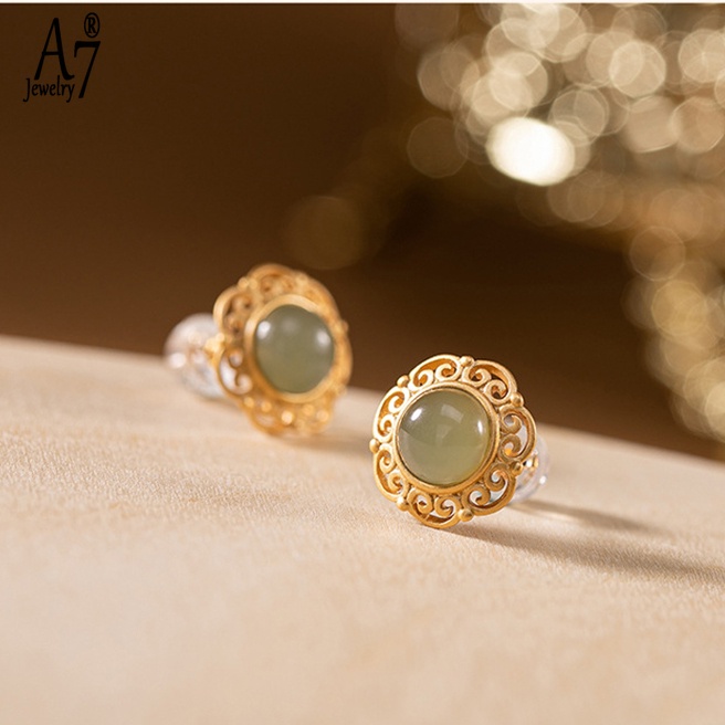 Bông Tai Bạc 925 Đính Đá Ngọc Bích Kiểu Retro Thời Trang Cho Nữ A7 S925