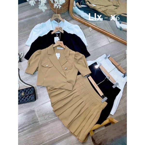 Set vét đen tay bồng + chân váy xếp ly kèm ảnh thật