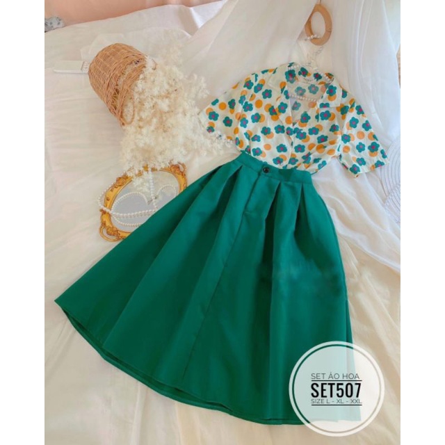 Set big size áo hoa và chân váy dài cotton lạnh từ 60kg-90kg