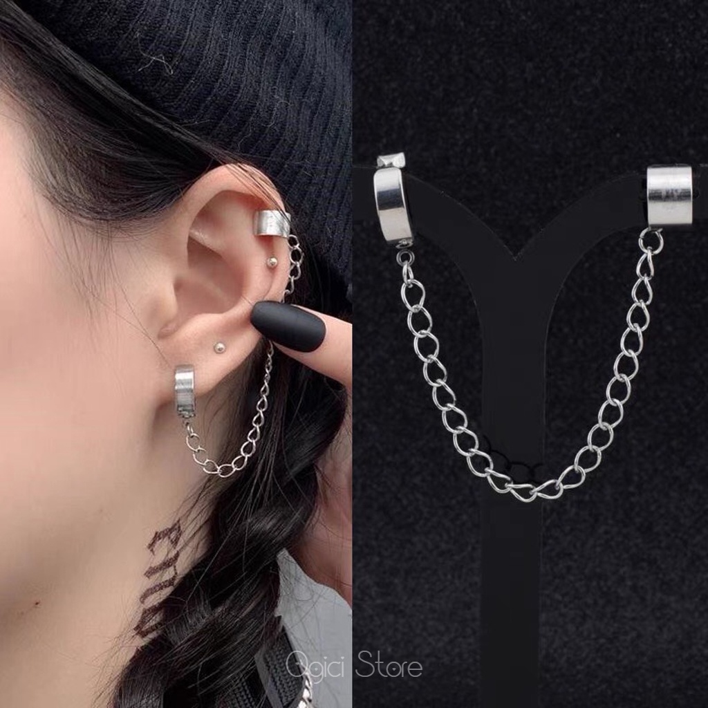 Bông tai, Khuyên tai nam nữ thép không gỉ phối chuỗi dây xích kẹp vành tai phong cách hiphop cá tính, Unisex, 1 chiếc