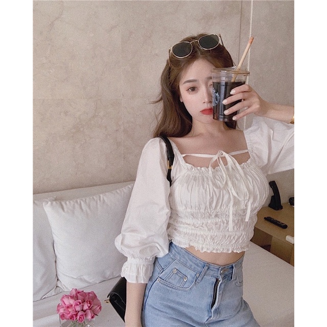 Áo sơ mi tay bồng dáng croptop kiểu Hàn Quốc SM09 | BigBuy360 - bigbuy360.vn