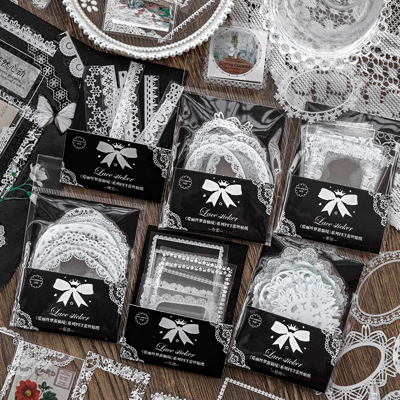 Set 30 Miếng Dán Trang Trí Sổ Tay DIY Màu Trắng Phối Ren Xinh Xắn