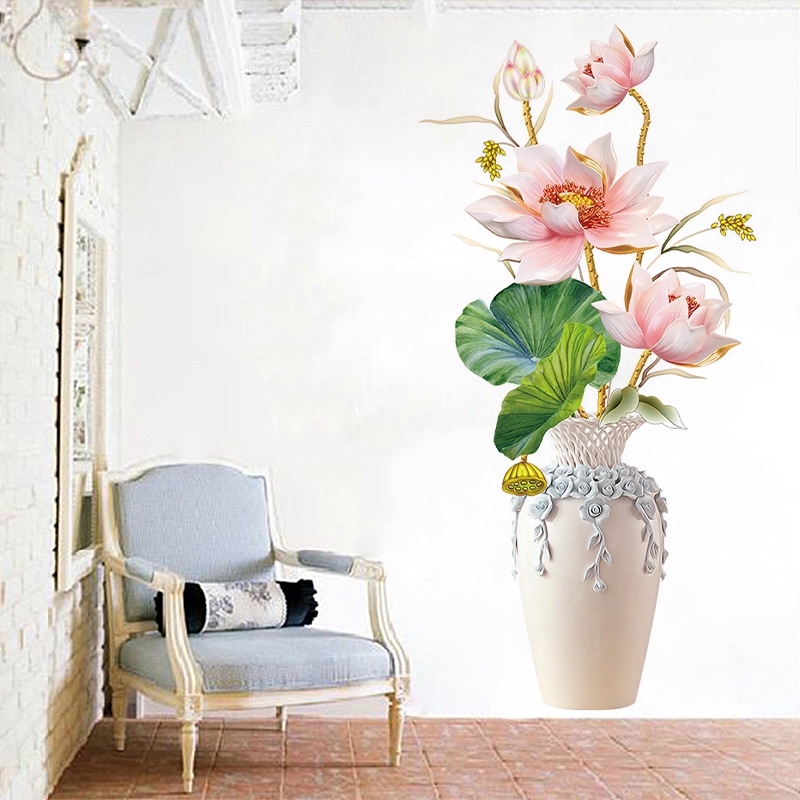 Tranh dán tường 3D Bình gốm hoa sen tuyệt đẹp KT 65x106cm, Decal trang trí phòng
