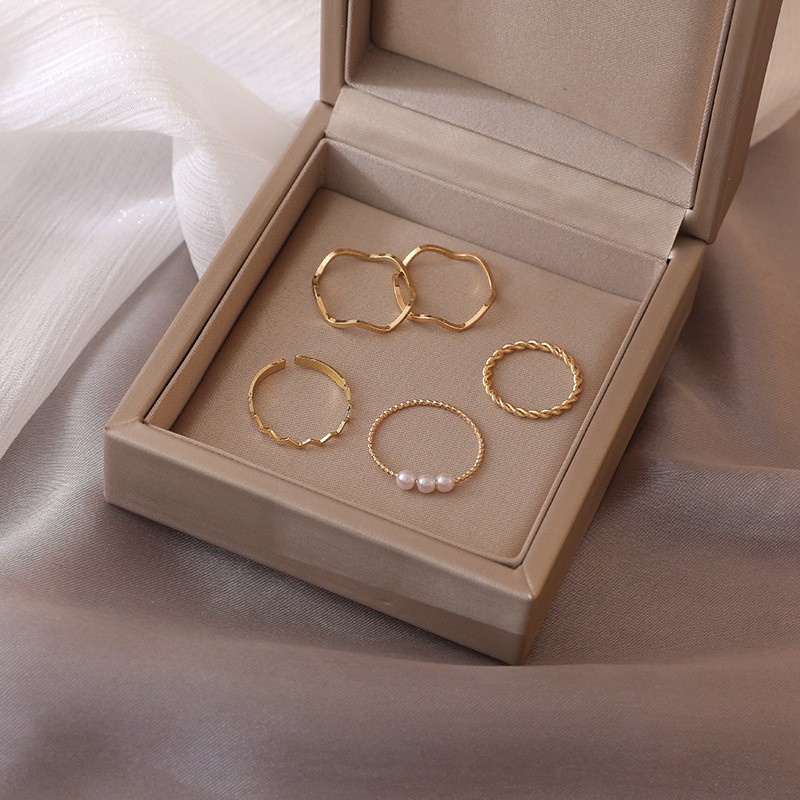 Set 5 nhẫn kim loại đính ngọc trai nhân tạo thời trang sành điệu cho nữ