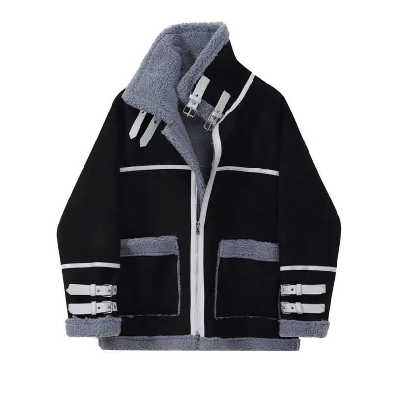 Áo khoác da lộn lót lông ấm phụ kiện dây cài cổ