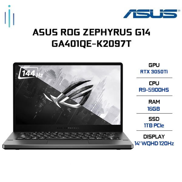 Laptop ASUS ROG Zephyrus G14 GA401QE-K2097T (R9-5900HS | 16GB | 1TB | RTX 3050Ti 4GB | 14' WQHD 120Hz | Win 10)