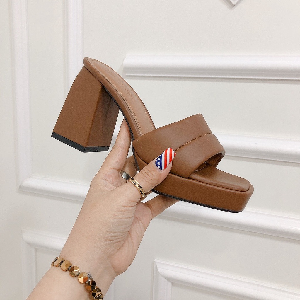 Guốc gót thô mũi đúp cao 9P quai ngang bản phồng trần chỉ full màu siêu Hot chất da mềm chuẩn đẹp cực tôn dáng