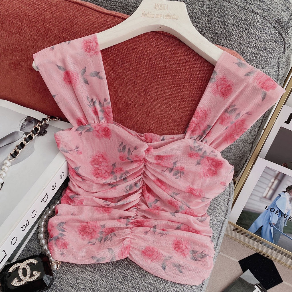 Áo Hai Dây Cổ Vuông Họa Tiết Hoa Thiết Kế Mới Thời Trang Cho Nữ