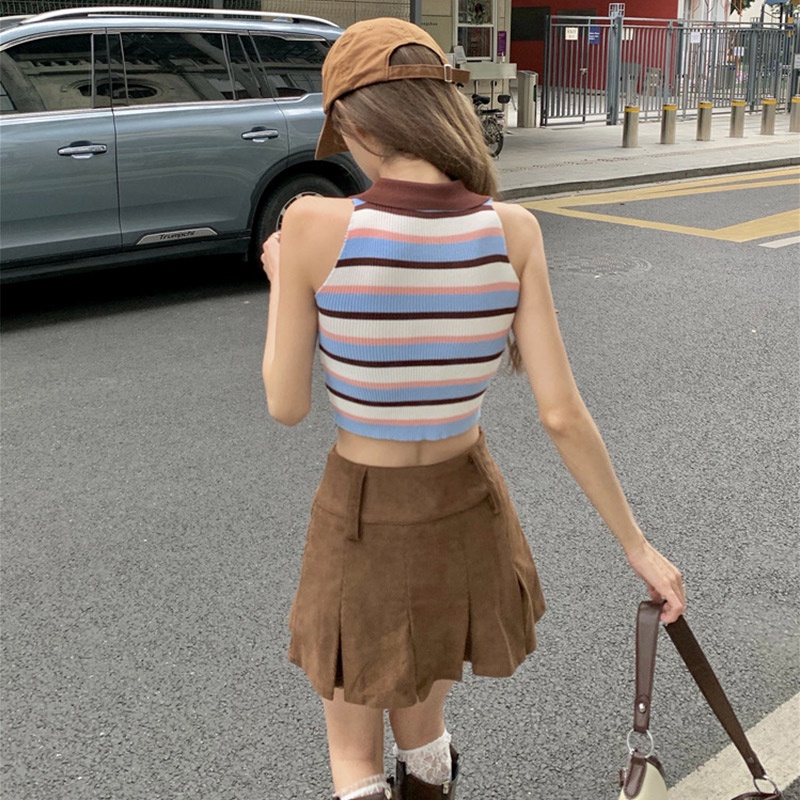 Áo Hai Dây Họa Tiết Kẻ Sọc Màu Sắc Tương Phản Phong Cách Retro Thời Trang Mùa Hè Cho Nữ