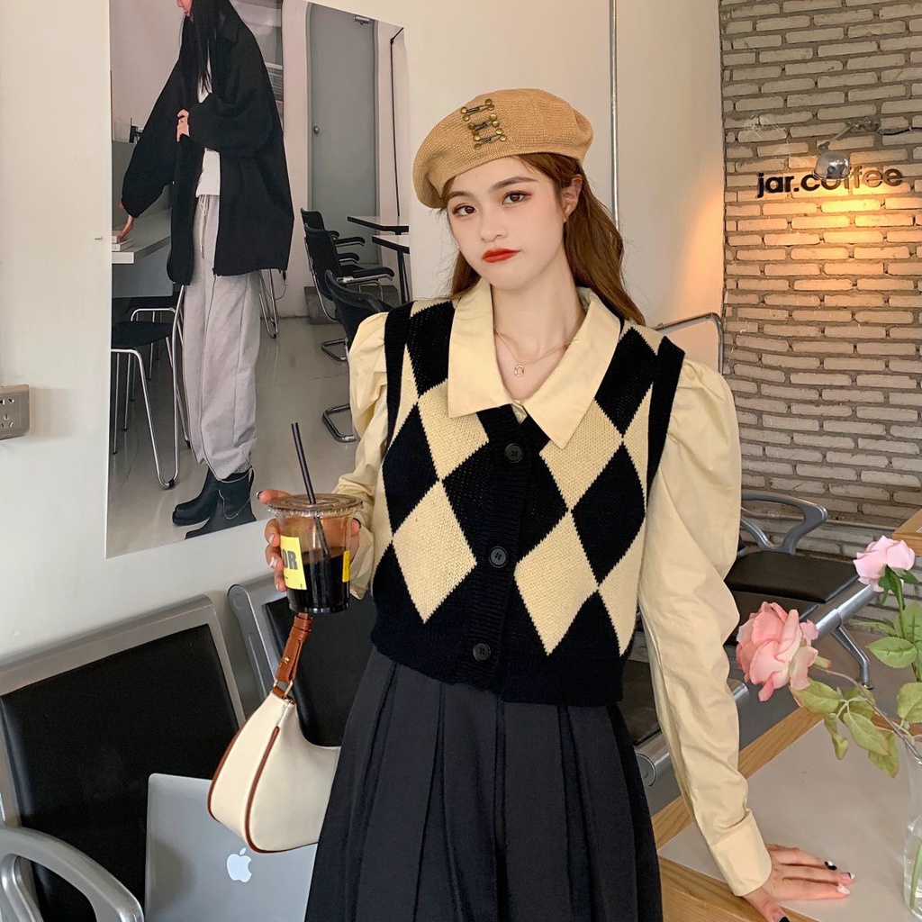 Bộ Áo Sơ Mi Dài Tay + Áo Khoác Dệt Không Tay Thời Trang Hàn Quốc Dành Cho Nữ