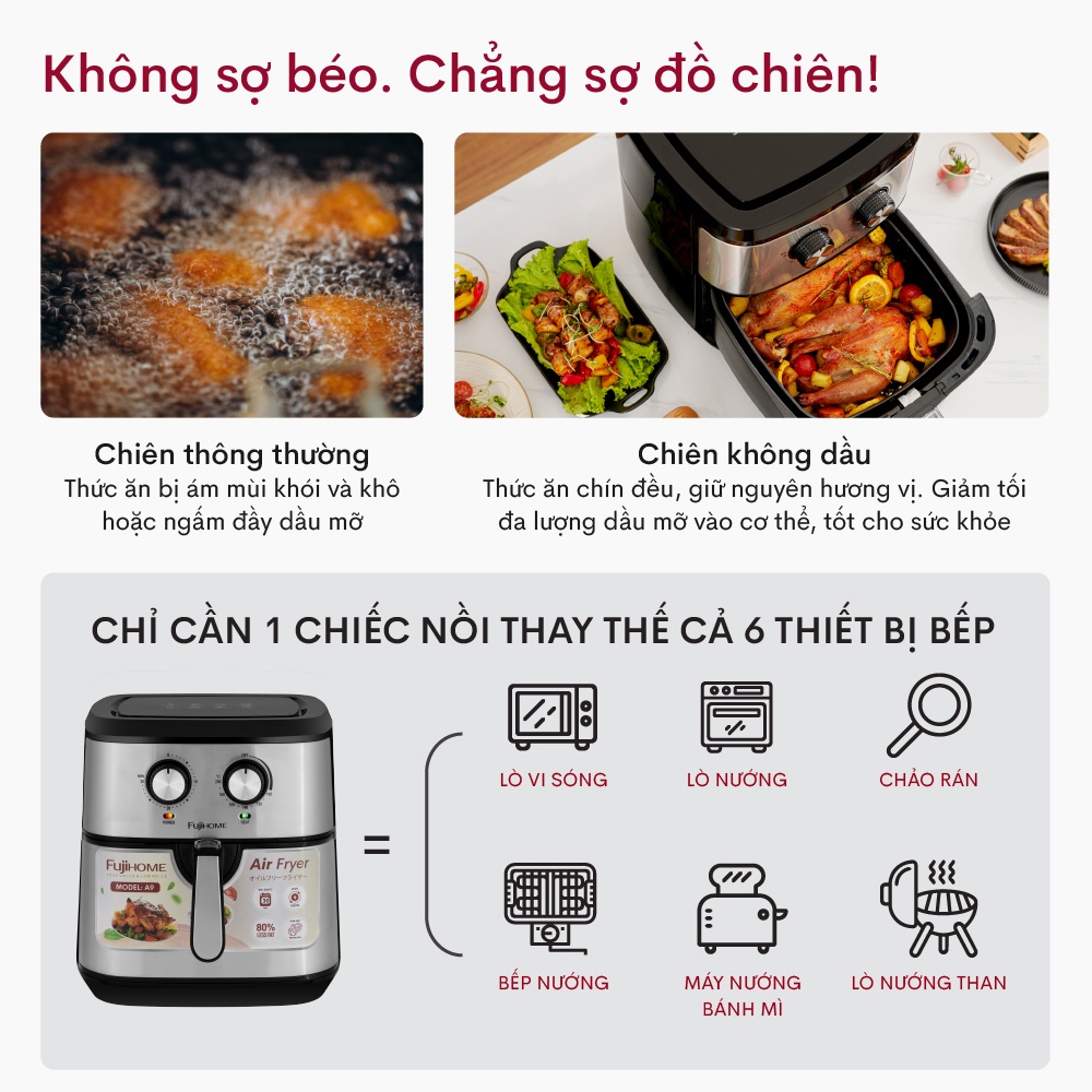 Nồi chiên không dầu 9.2L Nhập Khẩu Nhật Bản Fujihome, Nồi chiên không khí cơ 9 lít không hơi nước tự ngắt,tặng kèm gắp