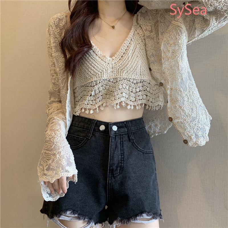 Bộ áo hai dây + áo khoác cardigan phối ren xinh xắn dành cho nữ có bán lẻ