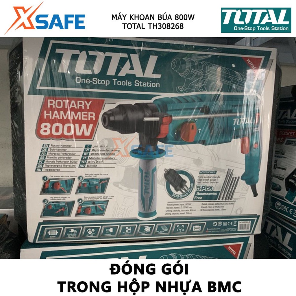 Máy khoan bê tông cầm tay TOTAL TH308268 công suất 800W, lực đập 2.5J, kèm 3 mũi khoan bê tông, 2 mũi đục - xsafe