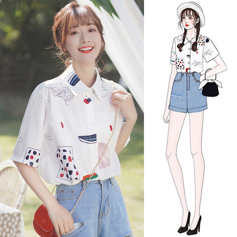 LEEVA - Áo sơ mi họa tiết tay ngắn dáng rộng mùa hè năng động: Trắng bi