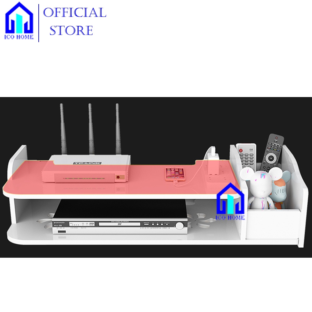Kệ wifi treo tường 2 tầng không cần khoan để đầu thu kỹ thuật số, tivibox, có khay đựng remote điều khiển tiện lợi