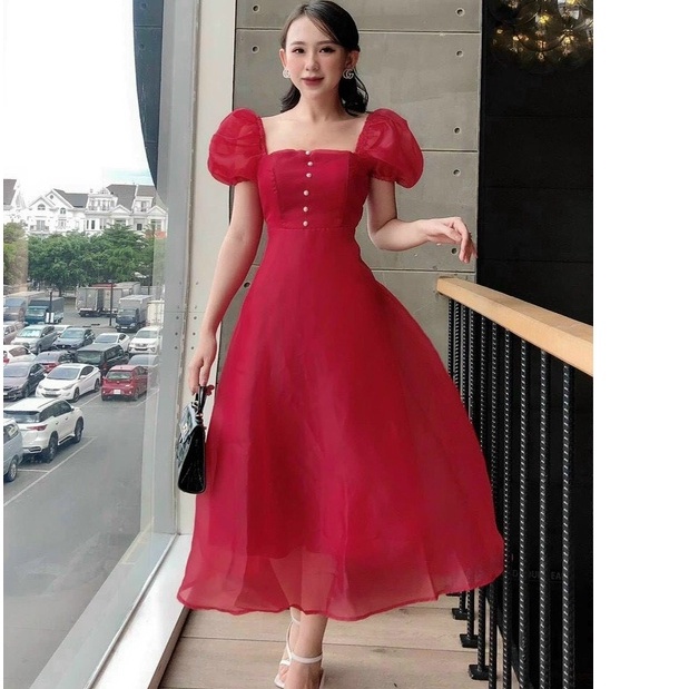ĐẦM CÔNG CHÚA ĐỎ CỔ VUÔNG TAY PHỒNG - MIDI DÁNG XÒE - THIẾT KẾ DỰ TIỆC DẠO PHỐ - GD044