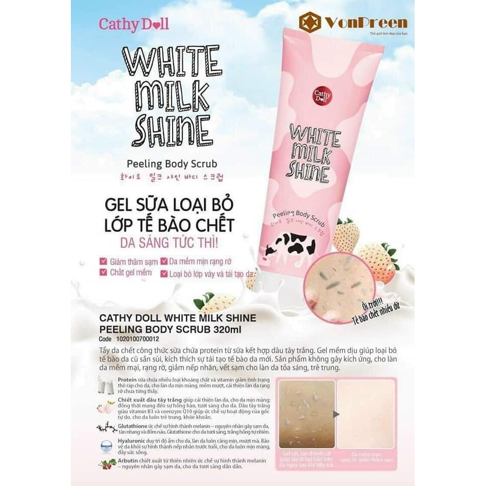 Gel Tẩy Tế Bào Chết Toàn Thân Cathy Doll White Milk Shine Peeling Body Scrub (320ml)