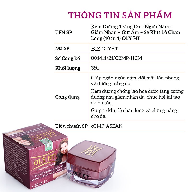 Kem dưỡng trắng da ngăn ngừa nám giảm nhăn giữ ẩm se khít lỗ chân lông OLY HT 35g chính hãng Long Phụng Khang