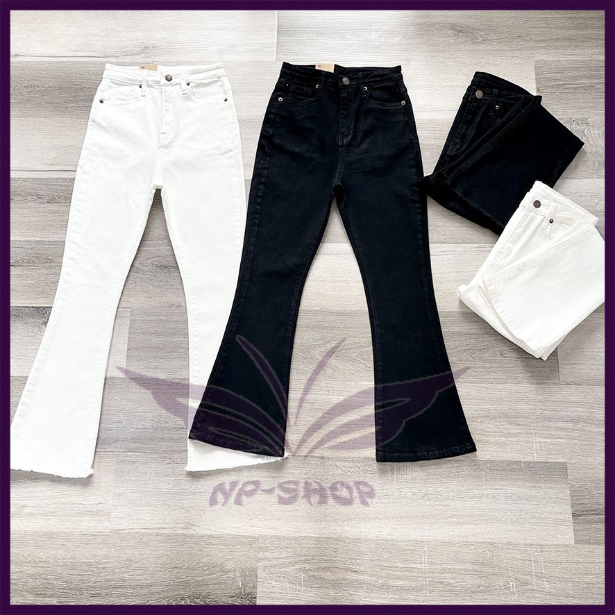 Quần jean ống loe 9 tấc màu trắng lưng cao NPSHOP, quần bò lửng loe nhẹ 2 màu trắng đen cao cấp | BigBuy360 - bigbuy360.vn