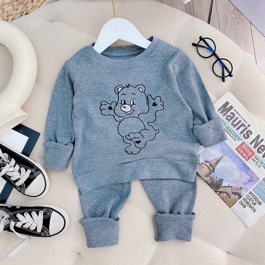 Bộ LEN COTTON TỔ ONG THÊU GẤU cho bé trai bé gái 8-22kg