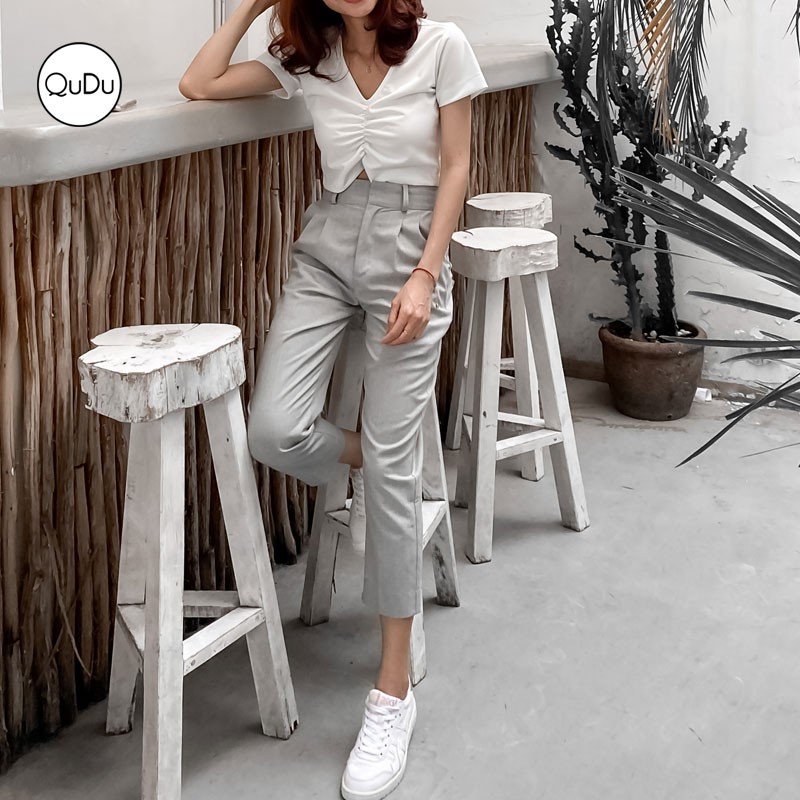 Hot Trend Áo Crotop Nữ Màu Trắng, Crotop Tay Ngắn Trắng Trơn Cổ Tim Nhún Ngực Phong Cách Hàn Quốc [ Áo Thiết Kế QuDu ]