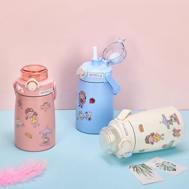 Bình Nước Giữ Nhiệt Cute Tặng Sticker Và Ống Hút Kiểu Dáng Dễ Thương - Bình Giữ Nhiệt 800ml Inox 304 Không Rỉ