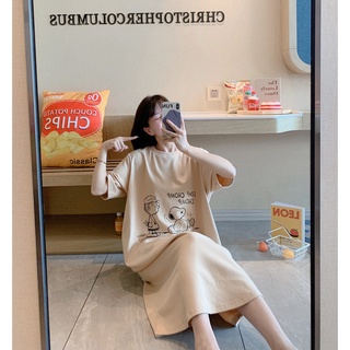 Váy Suông Form Rộng In Hình Họa Tiết Dễ Thương Tay Lỡ Cổ Tròn Xẻ Tà Tinh Tế Chất Mềm Mát Mịn TTDS0393