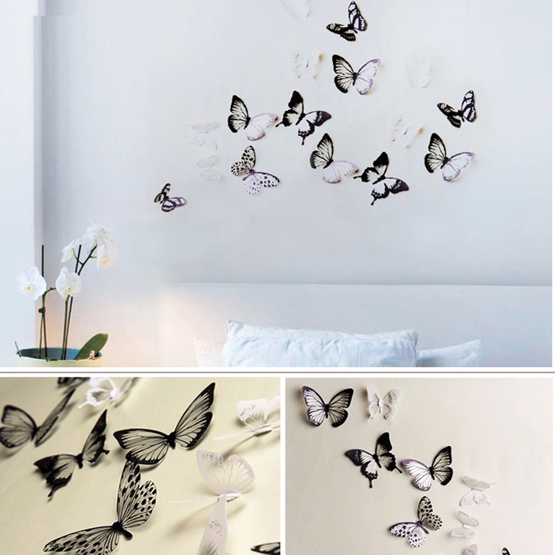 Set 12/24 Miếng Dán Tường Hình Bướm 3D Màu Trắng Đen Nhiều Kích Thước Trang Trí Nhà Cửa