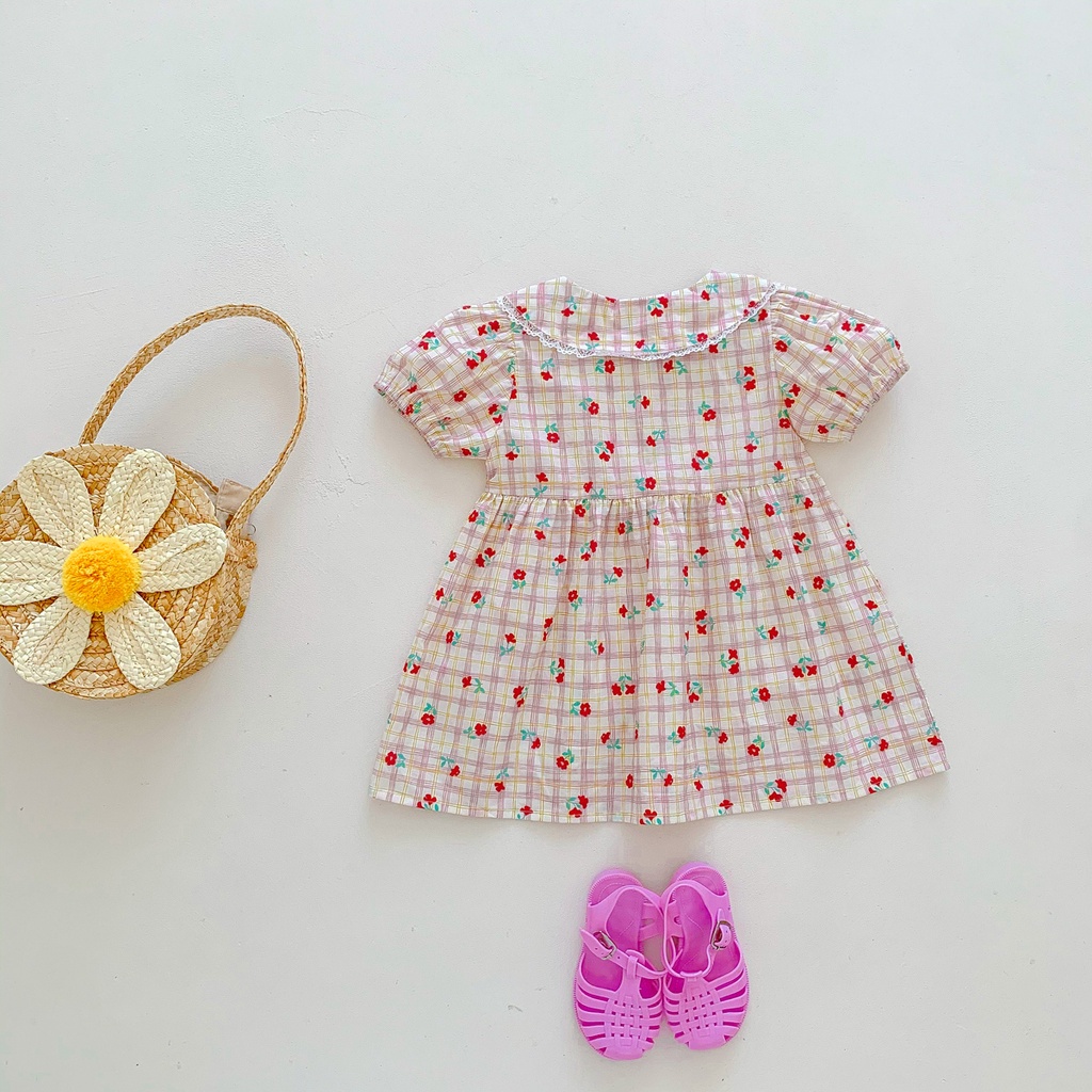 Đầm Công Chúa Cổ Ren Chất Liệu Cotton Họa Tiết Hoa Màu Hồng Thời Trang Mùa Hè Cho Bé Gái Sơ Sinh