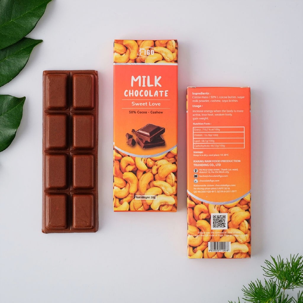 [ĂN LÀ NGHIỆN] SOCOLA SỮA NHÂN HẠT ĐIỀU 50% CACAO FIGO 20G