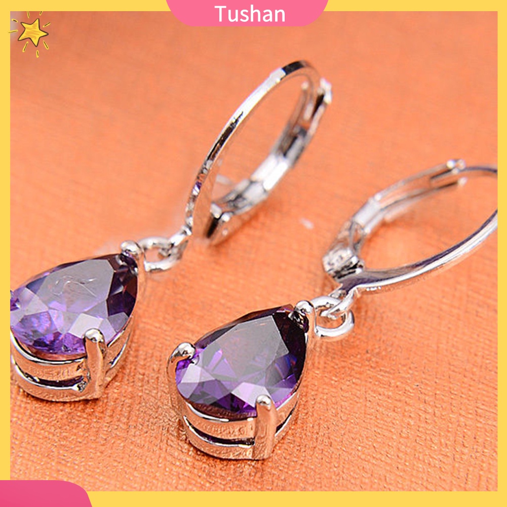 Khuyên tai nữ hình giọt nước đính đá tím sang trọng