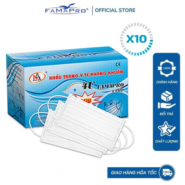 COMBO 10 Hộp khẩu trang y tế 4 lớp kháng khuẩn Famapro 4U (50 cái/hộp)