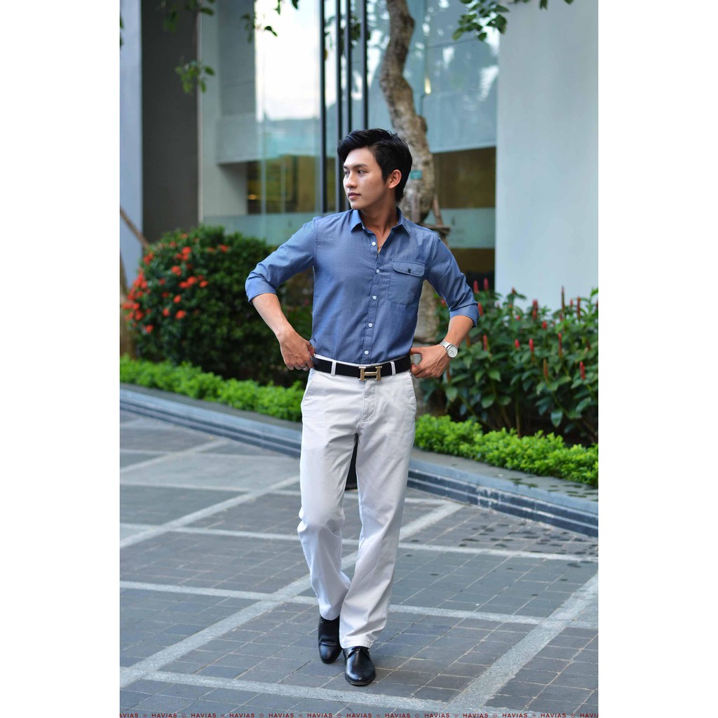 Premium Rippled Dark Blue Shirt HAVIAS sơ mi tay dài có túi vải sợi Bamboo