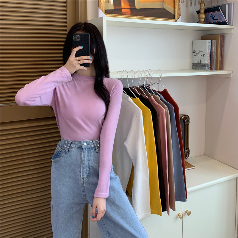 Xiaozhainv Áo tay dài màu trơn dáng ôm duyên dáng dễ phối quần áo phong cách Hàn Quốc | BigBuy360 - bigbuy360.vn