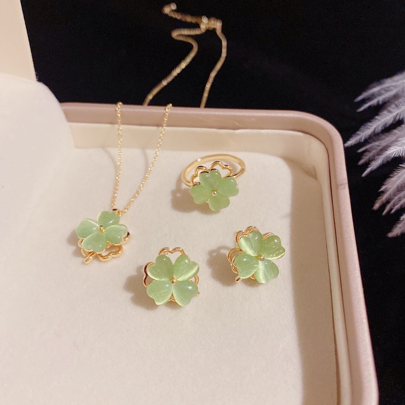 🔥    Bốn lá cỏ Necklace Ring Earrings Trang sức nhỏ cho phụ nữ Phong cách làm mới nữ Ring Jewelry Set