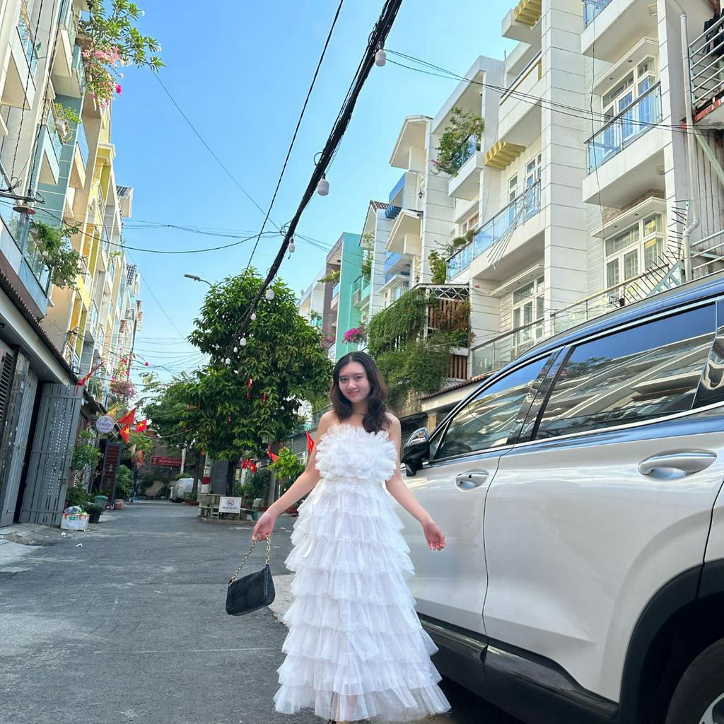 Váy Maxi Tầng Lưới tiểu thư voan tơ 2 dây Có Mút Ngực - đầm Nữ trễ vai công chúa phong cách ulzzang hàn quốc G5