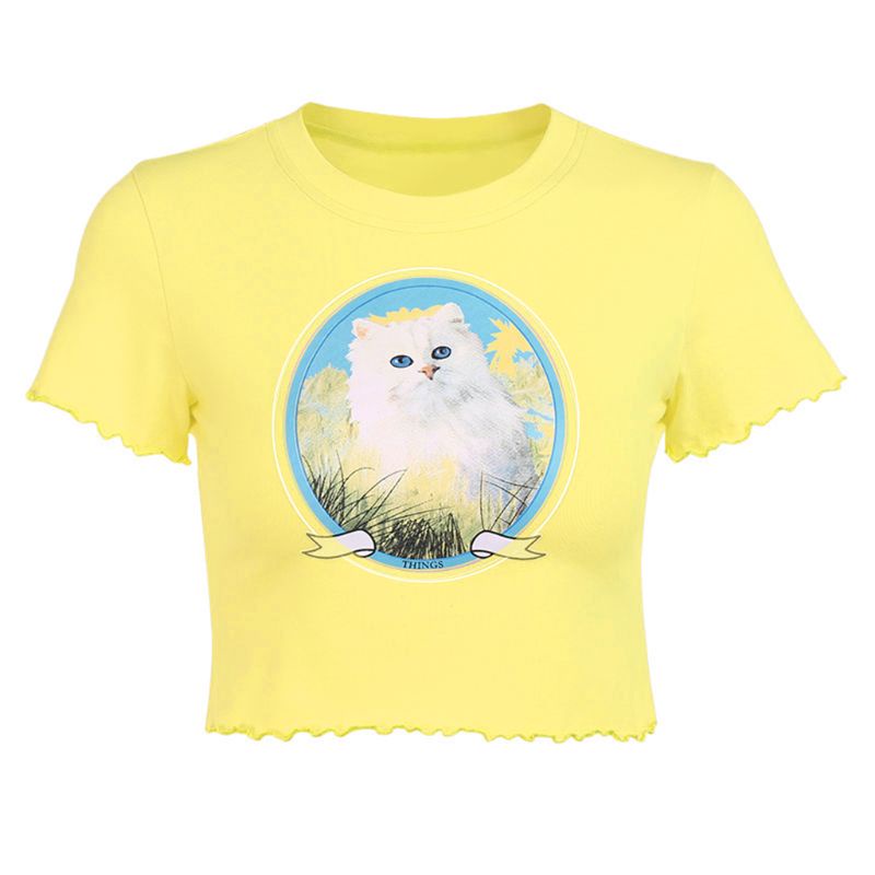 Áo Thun Crop Top Tay Ngắn Phối Bèo Màu Sắc Tươi Sáng In Họa Tiết Mèo Đáng Yêu Thời Trang Mùa Hè Cho Nữ