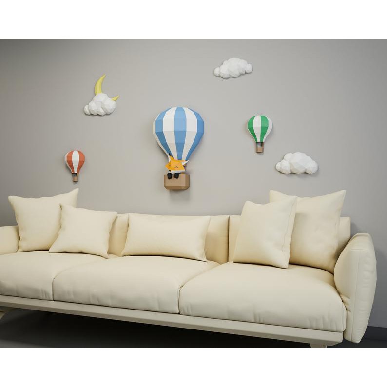 Bộ kit Mô hình giấy 3D Cáo khí cầu kèm trăng sao trang trí nhà cửa, shop thời trang