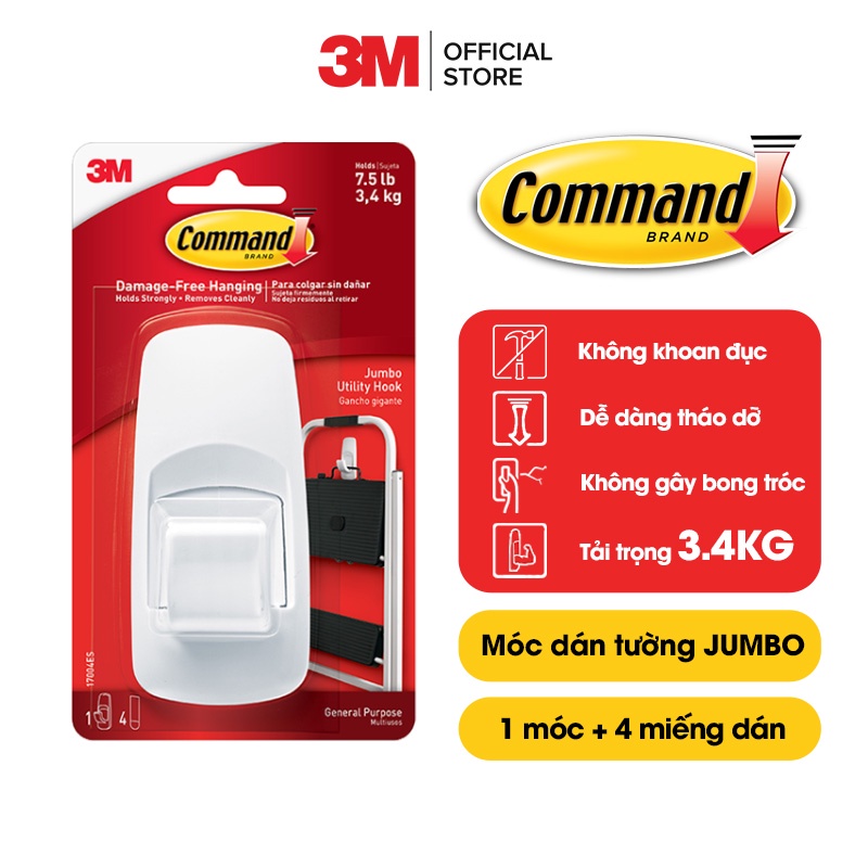 Móc dán tường Jumbo Command 3M chịu lực 3.4kg -bám cực chắc, tháo cực dễ 17004ES