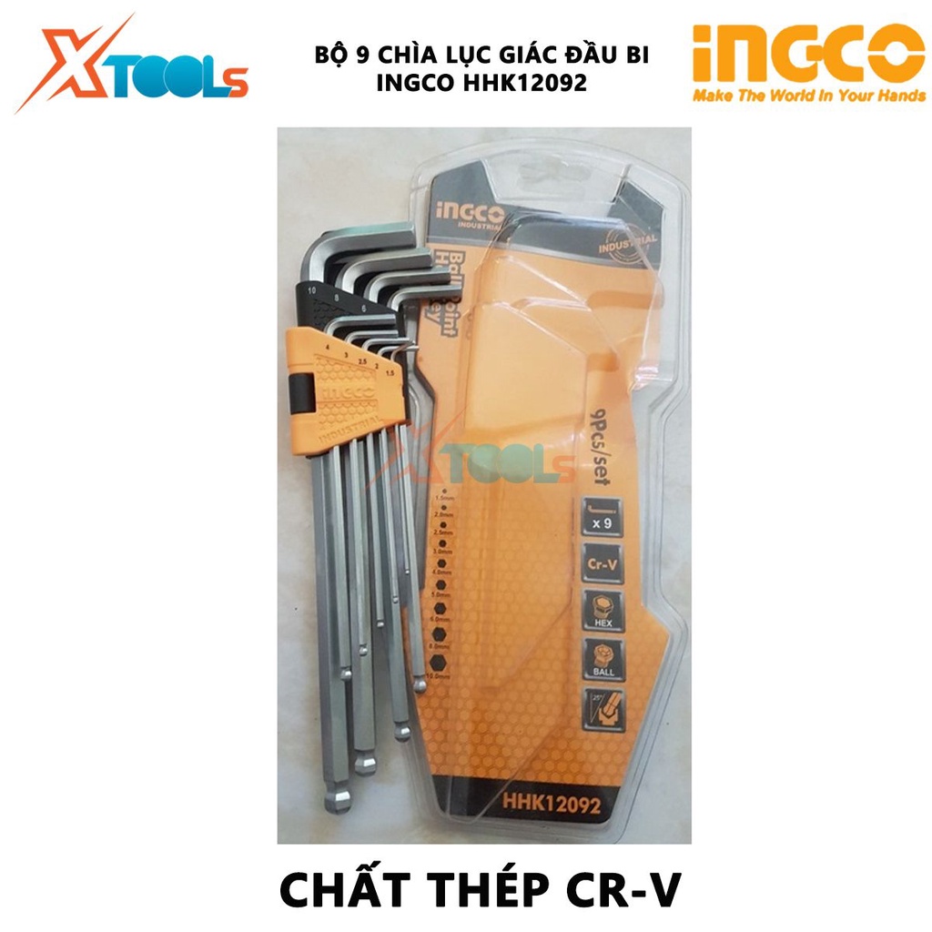 Bộ lục giác bi dài 9 chi tiết INGCO HHK12092 Bộ 9 chìa lục giác đầu tròn Chất liệu Thép CrV Quy cách 1.5, 2, 2.5, 3, 4,