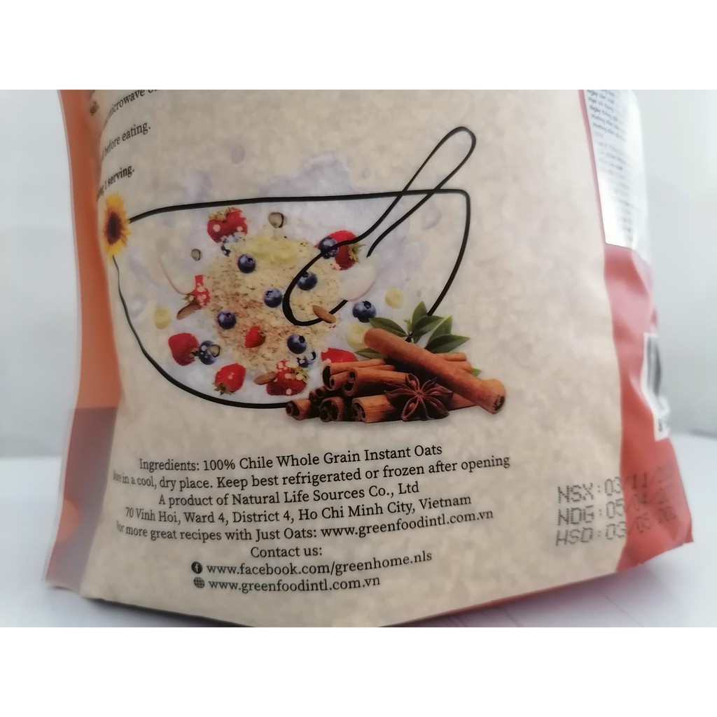 [907g – Extra Thin] Yến mạch nguyên chất ăn liền (cán mỏng) Just Oats [Chile] GREEN FOOD Whole Grain Instant Oats (bph-h