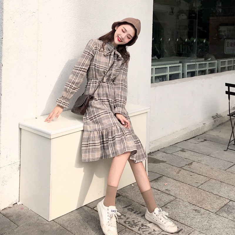 Đầm Dài Caro Nữ Đầm Ullzang Kẻ Sọc Tay Dài Maxi Nữ Sinh Đầm Búp Bê Dáng Xoè Hàn Quốc VFSDC7419