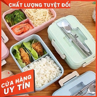 Hộp đựng cơm lúa mạch 3 ngăn tặng kèm đũa, thìa inox có quai xách